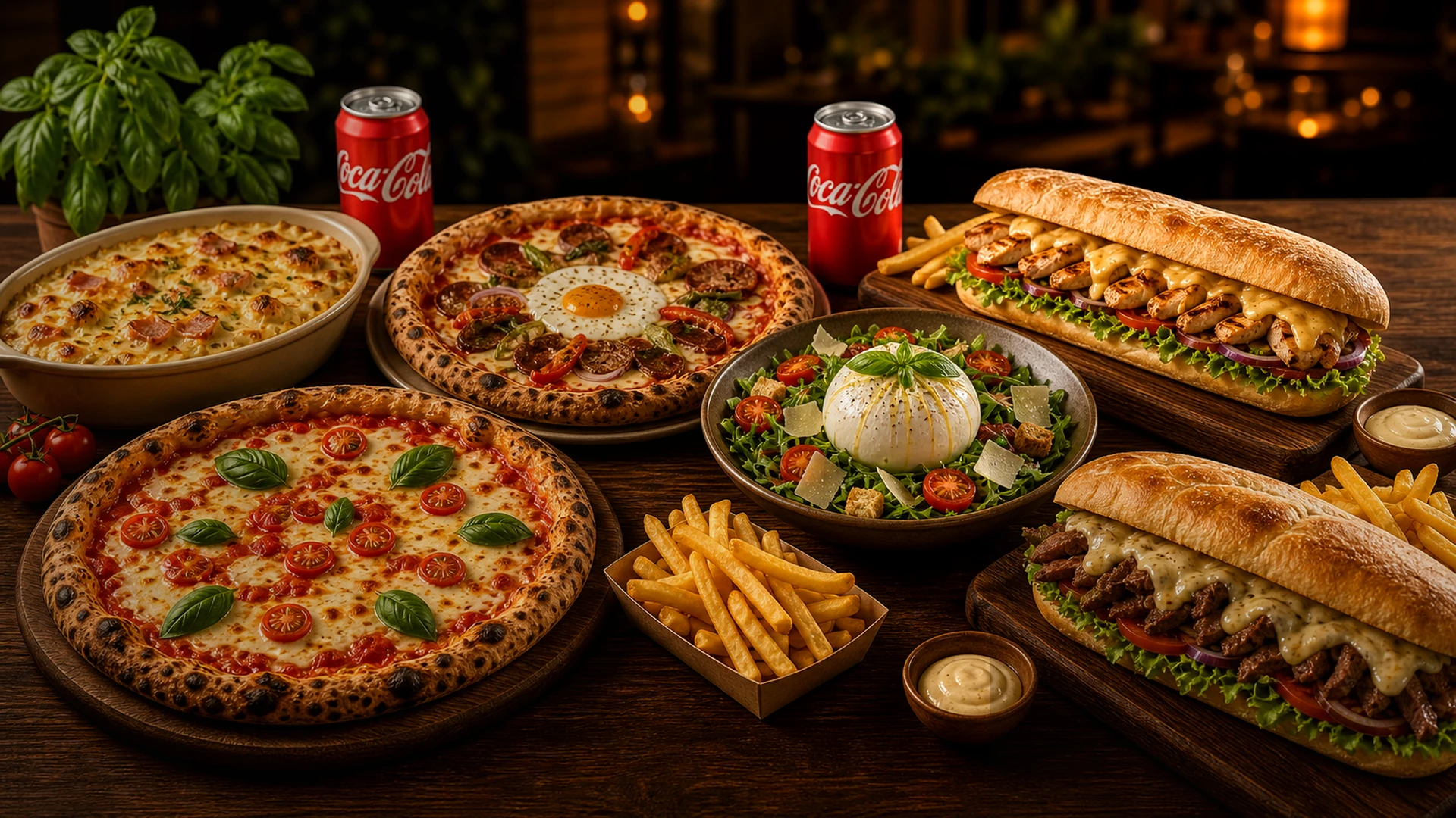 Sélection de pizzas, pâtes, salade, sandwich et dessert LE 55