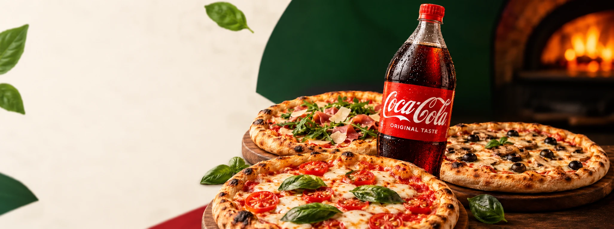 Trois pizzas artisanales et une bouteille Coca-Cola 1,5 L